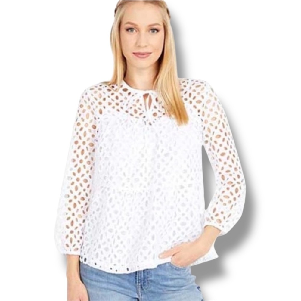 J. Crew White Eyelet Lace Tie Neck Long Sleeve Peplum Blouse Top Size S